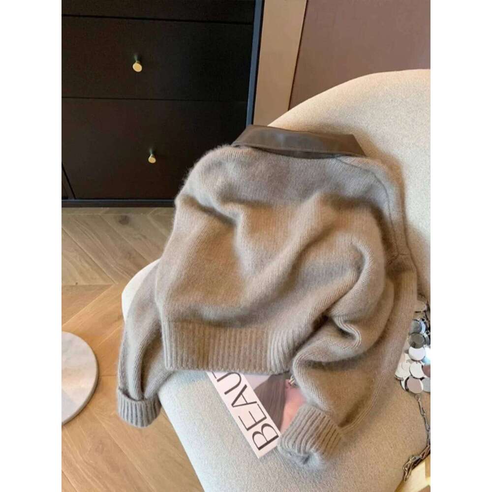 Women Leather Collar Patchwork Double Zipper Knit Graceful Fit Temperament Outer Wear Lapel Knitted Cardigan Jacket Z260313