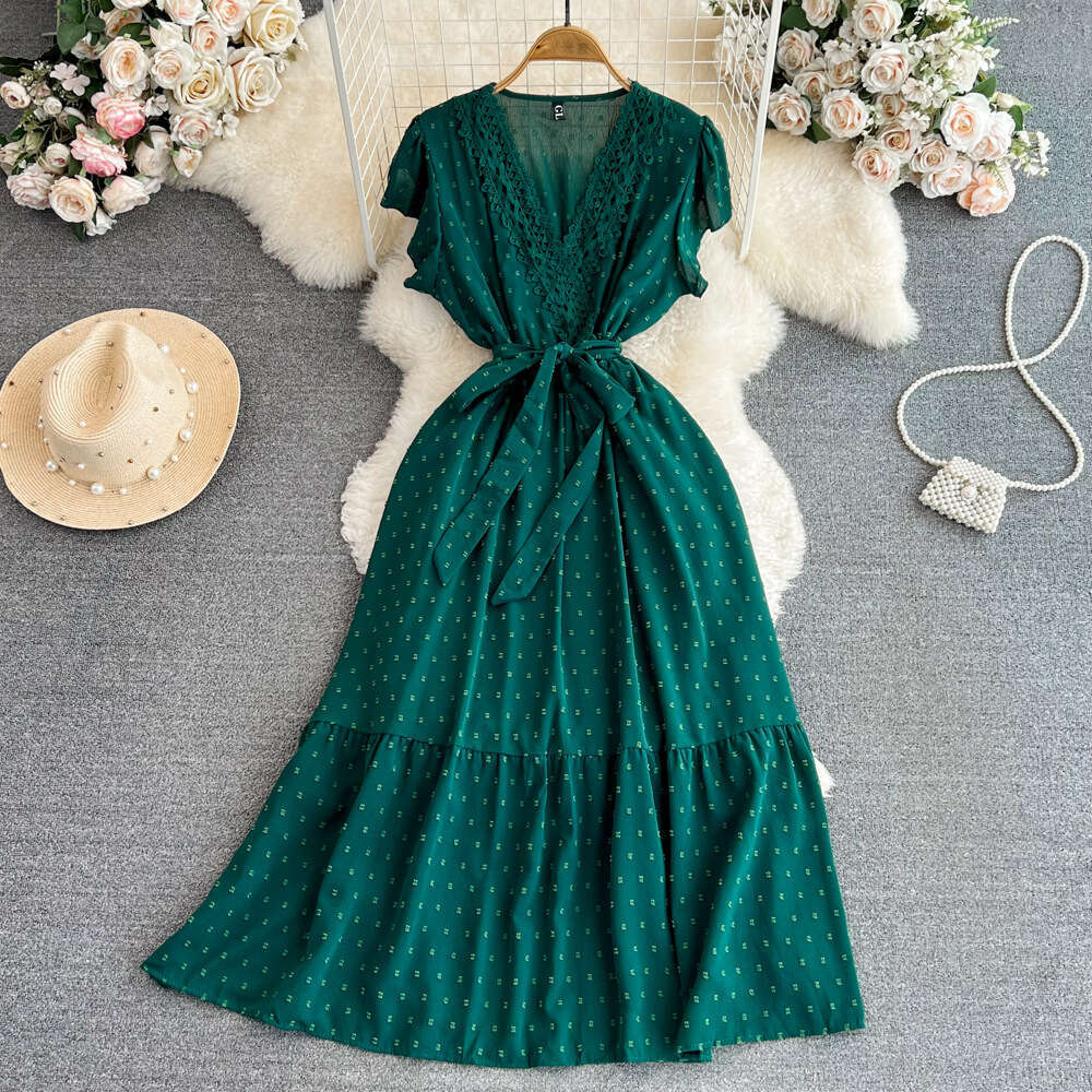 Fashionable women's bubble sleeve V-neck waist cinching tie waist A-line pleated chiffon dress elegant long style