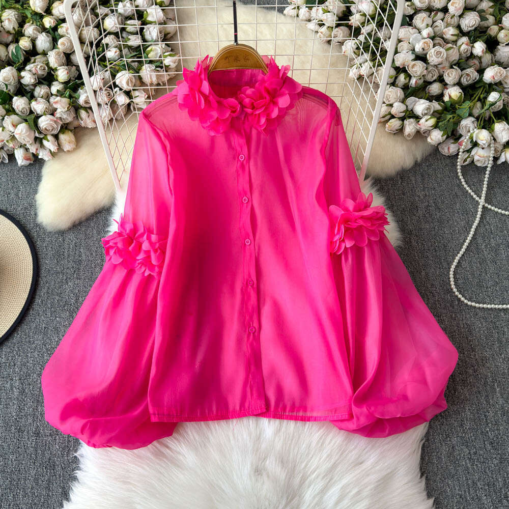 2026 designer French women's unique three-dimensional flower lantern sleeves, youthful and versatile solid color chiffon long sleeved shirt