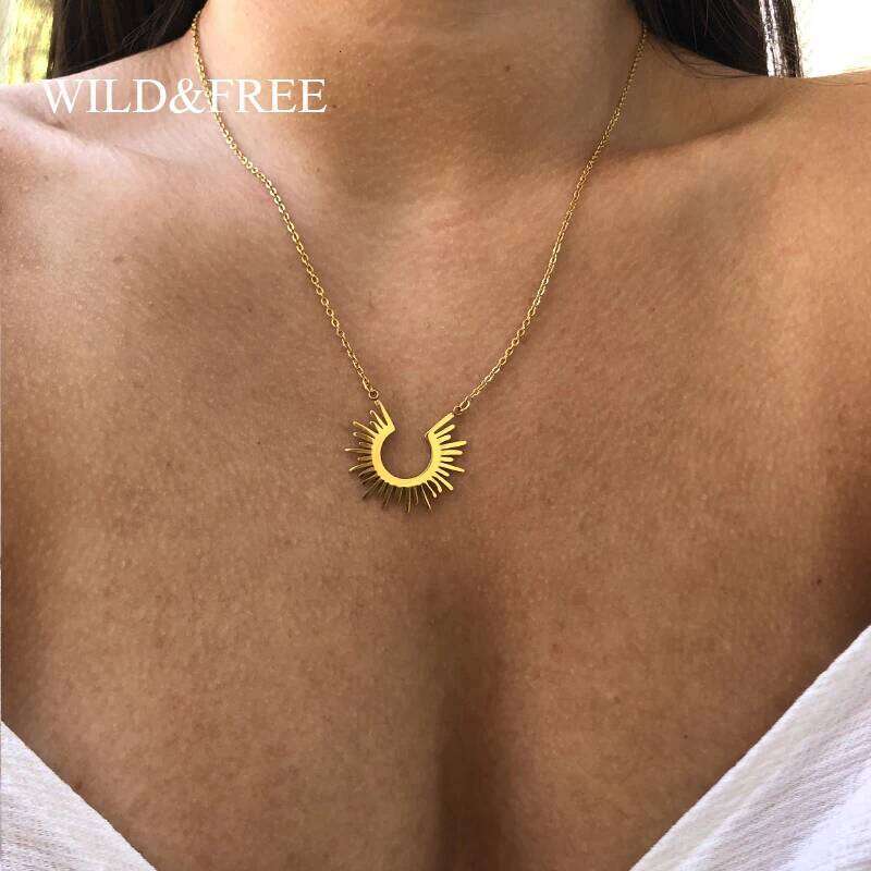 New Stainless Steel Jewelry Geometric Pendant Necklace for Women Gold Plated Half Circle Spiked Femme Colar Choker Necklaces H260312