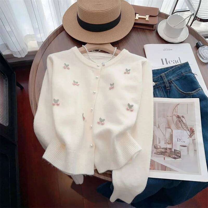 Korean Women Round Neck Short Sweater Coat Spring Autumn Ladies Long Sleeves Knitting Sweet Female Loose Cardigan Knitted Tops Z260313