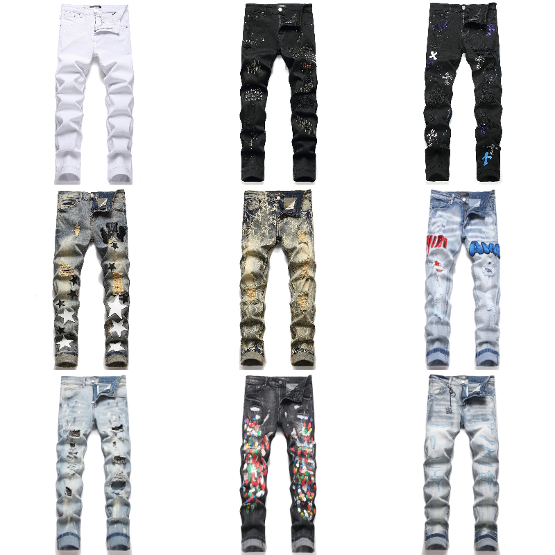 amirijenas amirirjeansly jeans Men's Designer Jeans Embroidery Hip Hop Joker Denim Pants Men Broken Hole Patch Elastic Slim Feet Pencil Trousers tops