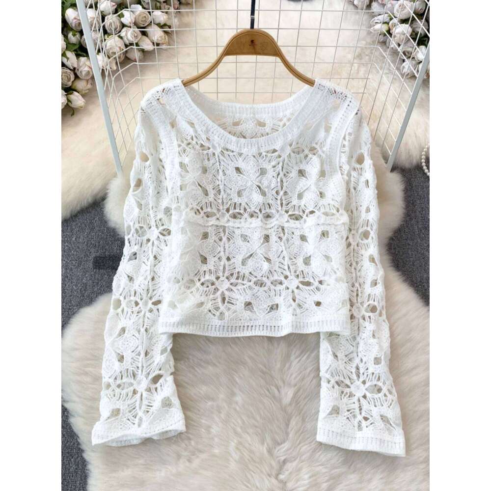 2024 Spring Summer Pullovers Tops Korean Fashion Long Sleeve Women Hollow out Knitted Shirt Round Neck Hook Flower Knitwear Z260314