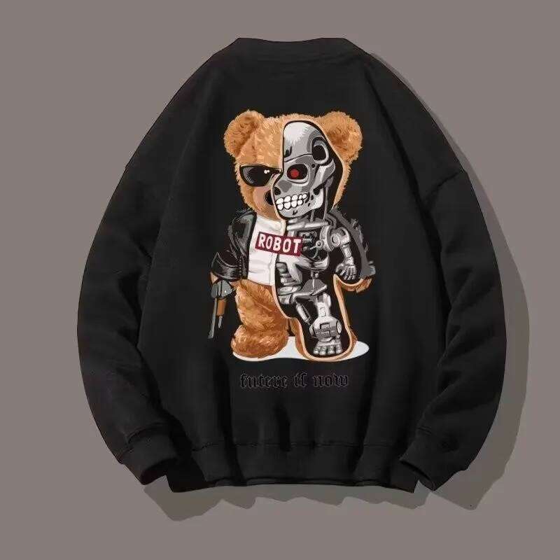 M-8XL Autumn Men Oversized Fashion Loose Steel Muppet Bear Print Sweatshirts Long Sleeve Plus Velvet Couple Clothes Z260314