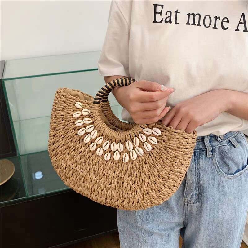 Straw Texture Handheld Half-Moon Shell Woven New Vacation Bag For Women Beach