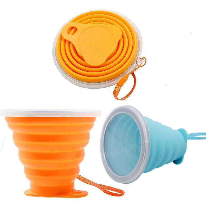Silicone Collapsible Travel Portable Folding Camping Cup Sets with Lids, Blue & Orange Z260314
