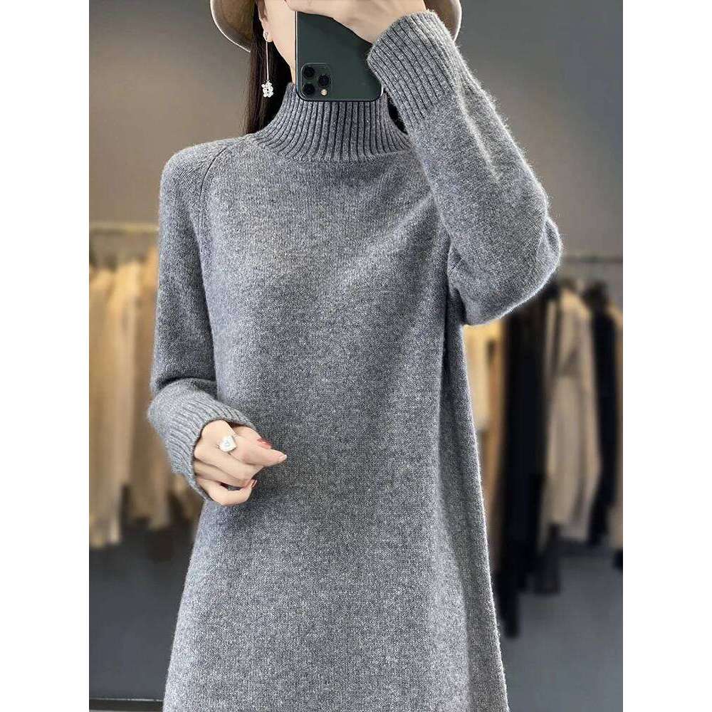 New Women Sweater 100% Merino Wool Long Autumn Winter Mock Neck Quality Cashmere Knitwear Basic Grace Dress Z260314