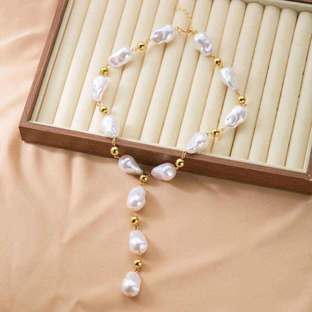 Modern Baroque Imitation Pearl for Women Glittering Heart Gold Color Chain Layered Necklace Party Jewelry Accessories H260312