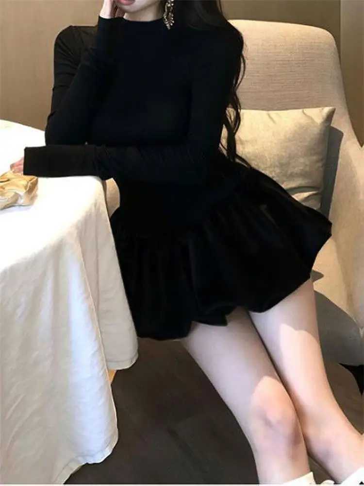 Women Slim Long-Sleeve Dress Half High Collar Puffy Dress Autumn and Winter Party Solid Color Dresses Black Fashion ElegantT260316
