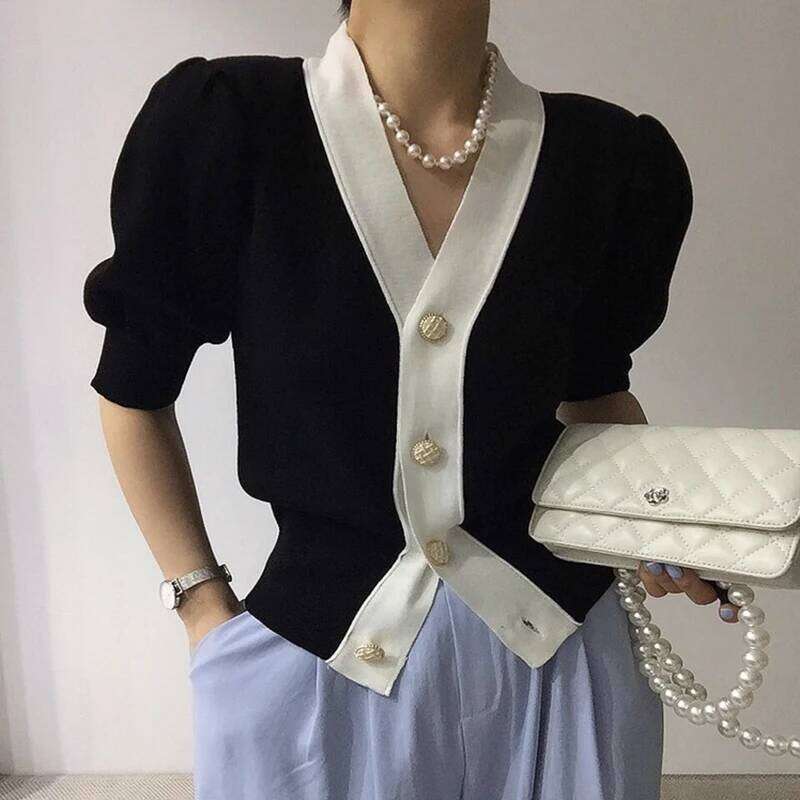 Summer Elegant Puff Short Sleeve Cardigan Office Lady 2023 Korean Contrast Single Breasted V-Neck Casual All-Match Knitted Tops Z260314