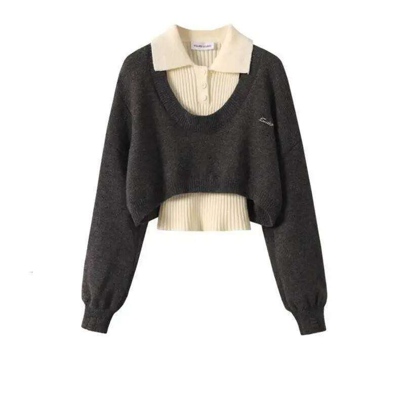 American Style Short Women's Autumn Winter Wear Two-Piece Set Knitted Sweater And Vest Top outfit knitted Pullover Shirt Z260313
