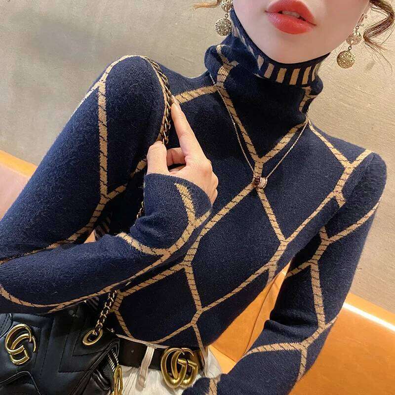 Women Clothing Fashion Turtleneck All-match Slim Sweaters Autumn Winter Elegant Chic Geometric Knit Pullovers Lady Casual Tops Z260313