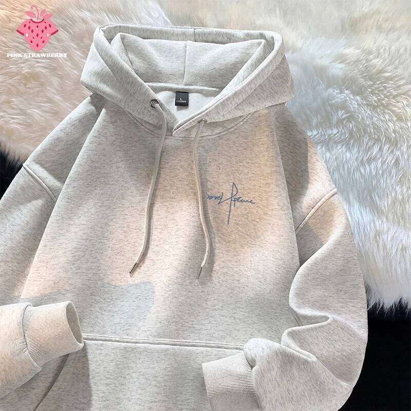 American Letter Print Hoodie Women Autumn Winter 2025 New Oversize Cotton Plush Pullover Loose Y2K Tops Warm Men clothing Z260314