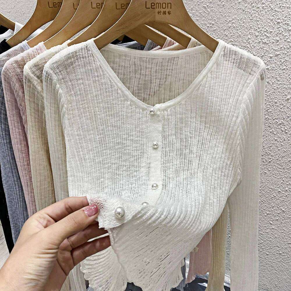 Ice Silk Sunscreen Cardigan For Women 2024 Spring/Summer V-Neck Outerwear Thin Shawl Knit Sweater Long Sleeved Short Jacket Top Z260314