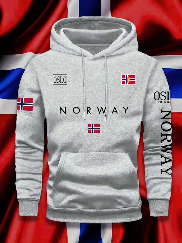 Norwegian Flag Print Trend Men Women Hooded Sweatshirt Autumn Winter Daily Outdoor Vacation Fitness Casual Loose Warm Sportswear Z260314
