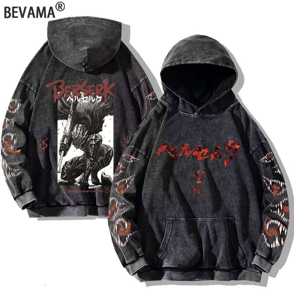 Berserk Printed Washed Hoodies Gothic Vintage Cotton Hooded Sweatshirt Y2k Oversized Long Sleeve Pullover Men Women Retro Hoodie 26Y0313