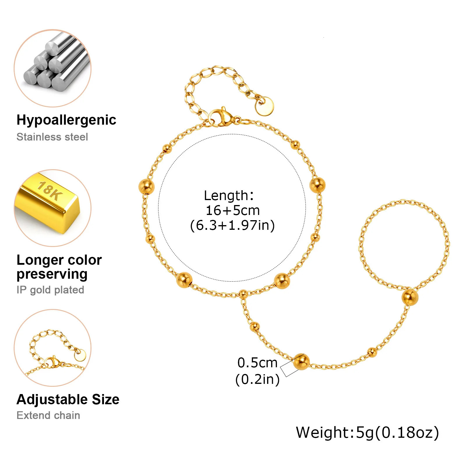 Stainless Steel Bead Hand Chain Bracelet For Women Trendy Ring Bracelet Hand Chain Body Jewelry 260313