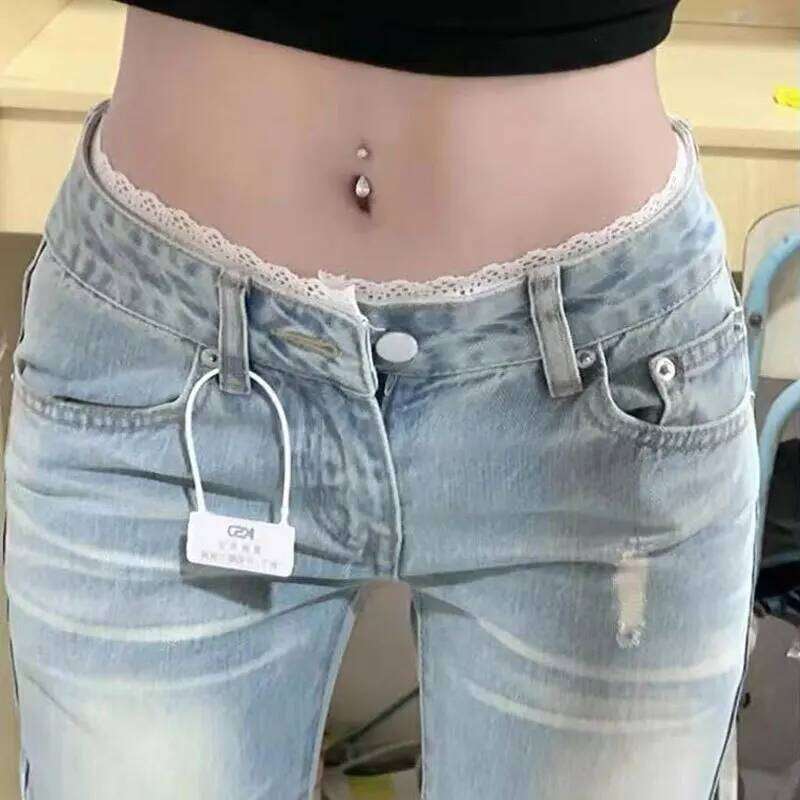 Light Wash Flared Jeans Women Plus Size Lace Low Rise Floor Length Slim Fit Bell Bottom Pants Trendy Design for Curvy Ladies Z260313