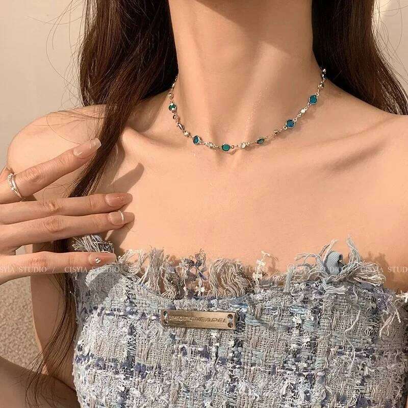 LATS Romantic Blue Crystal Butterfly Necklace for Women Girls Simple Shiny Zircon Bilayer Choker Clavicle Chain New Fine Jewelry H260312