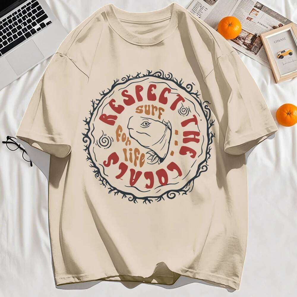 Respect The Locals Surf for Life Print Basics T Shirt Women Hip Hop Tee Shirts O-Neck Casual Short Sleeve Loose Soft Y2K Top Z260314