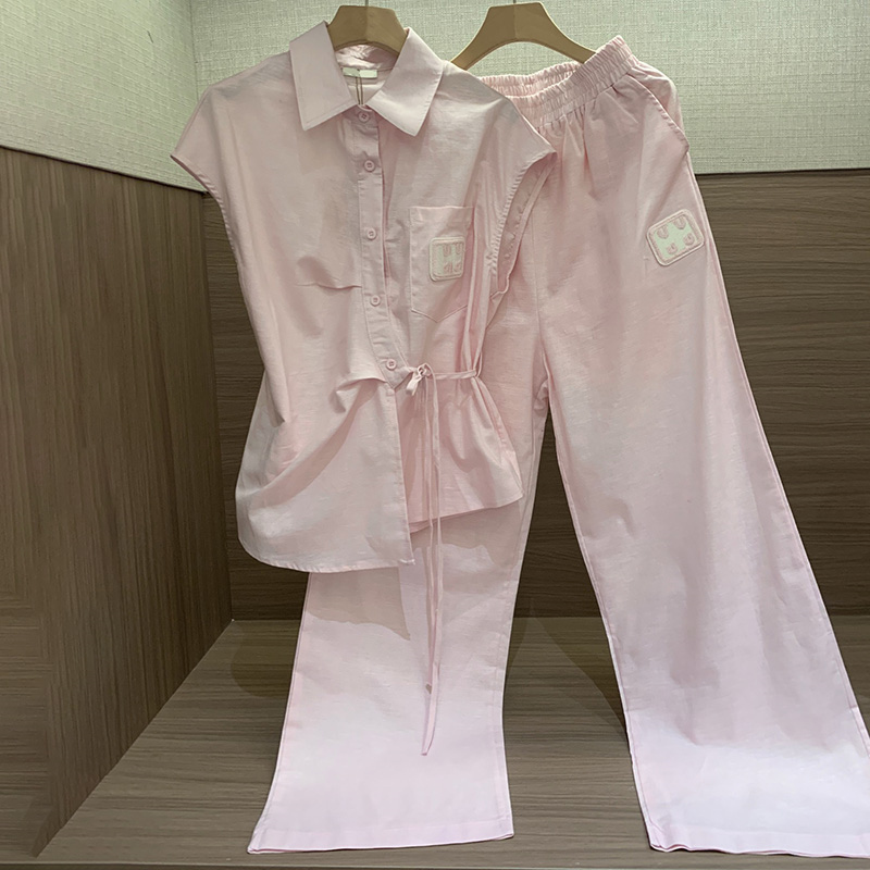 Luxury Women Slim Fit Shirts Loose Pants Simple Lapel Neck Tops Elastic Trousers Outfits Summer Casual Style Linen Pant