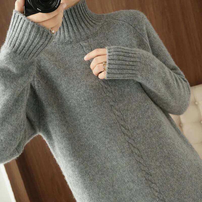 2025Thick Warm 100%Wool Long Sweater Women Autumn Winter High-Neck Over-The-Knee Cashmere Knit Dress Large Size Base Shirt Z260314