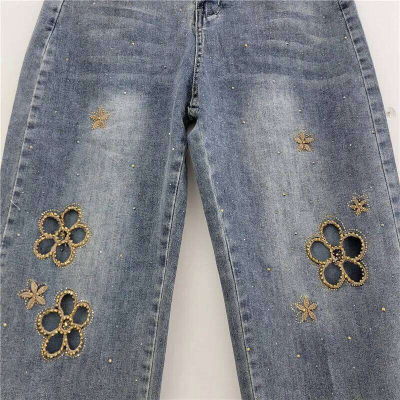 YEAE women's high-waisted hot embroidered hollow-out meat-covering and thin denim straight-leg pants Z260313