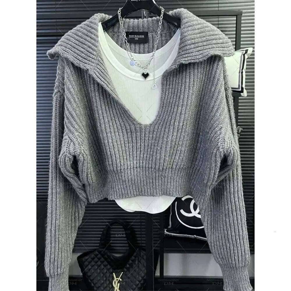 Autumn Jacket Women Sweater Knit Pullover Lazy Y2k Clothes Cropped Tops Long Sleeve Loose Design Knitwear Streetwear Z260313