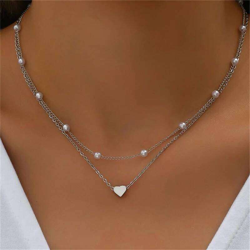 Vintage Pearl Choker Necklaces for Women Fashion Double layer Chain Small Heart Pendant Necklace Jewelry Gift Wholesale H260312