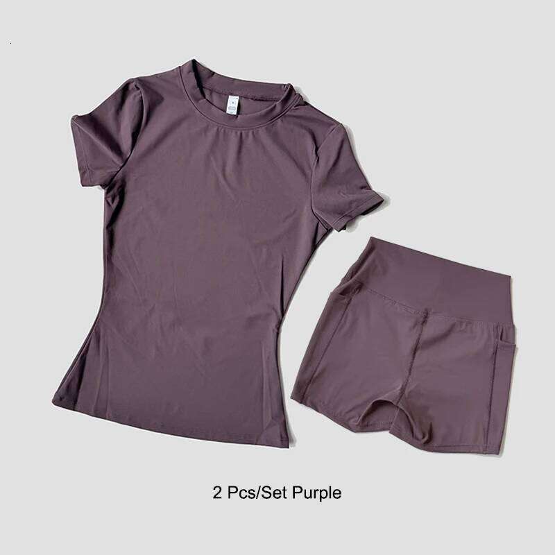 Women's Sports Yoga Set Seamless Knitted Fitness Clothes Sportswear Sleeve Crop Top Tracksuits Gym Short Leggings