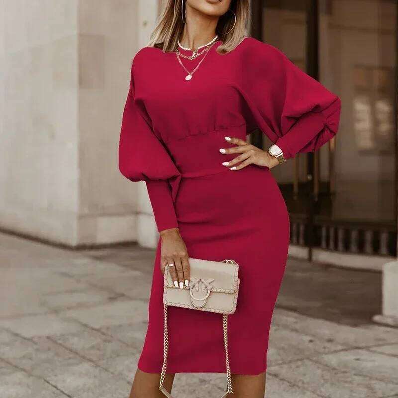 Women Elegant Office Lantern Sleeve Party Dresses Ladies O Neck Bodycon Autumn Winter Solid Midi Dress 2024 Vestidos Z260313