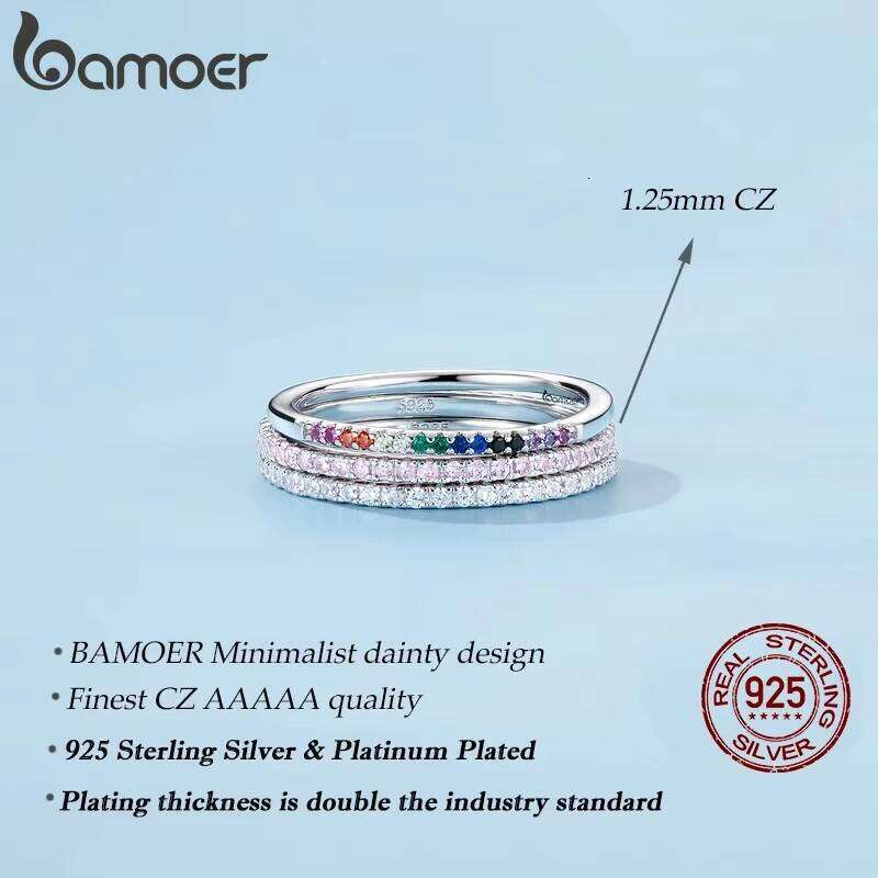 BAMOER 925 Sterling Silver Full Paved Simulated Diamond Stackable Rings, Women Gold Plated Engagement Eternity Bands Colored CZ H260312
