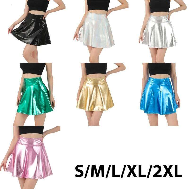 Women Sparkling Metallic Pleated Mini Elastic High Waist PU Shining Flared Short Skater Skirt for Party Club Daily Wear Z260314