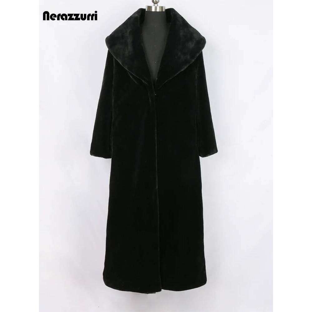 Nerazzurri Extra Black Winter Faux Coat Women Long Sleeve Plus Size Elegant Fluffy Sheared Mink Fur Overcoat 6xl 7xl Z260313