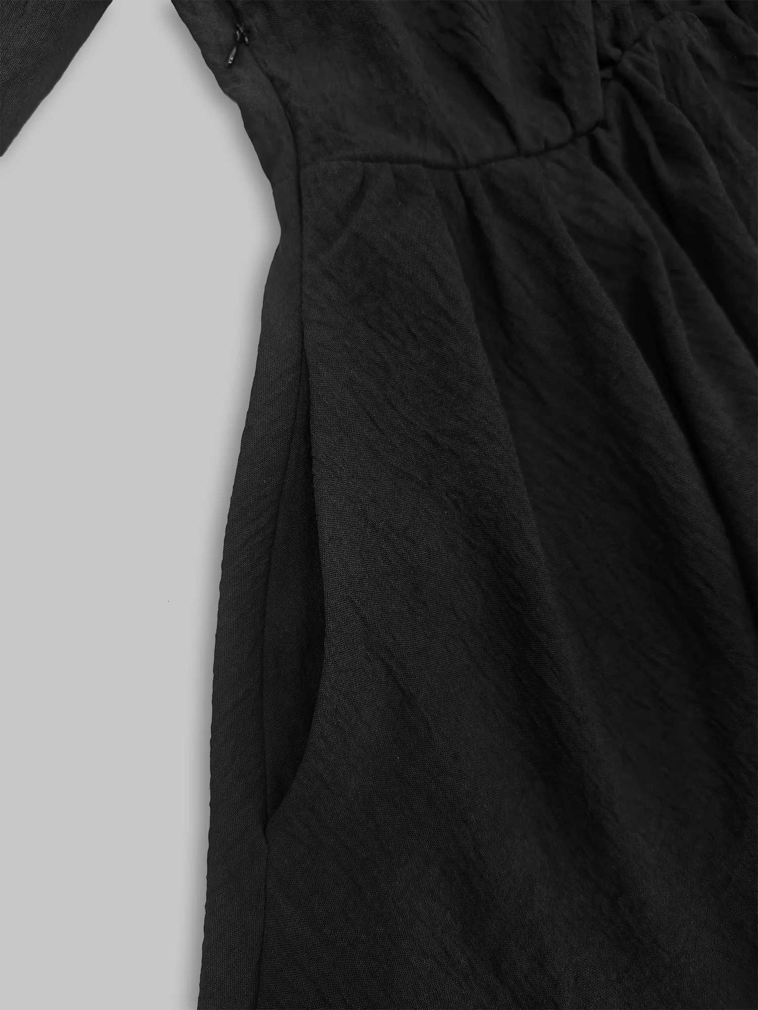 Womens Black Textured Maxi Dress with Stand Collar Button Placket and Matching BeltT260316