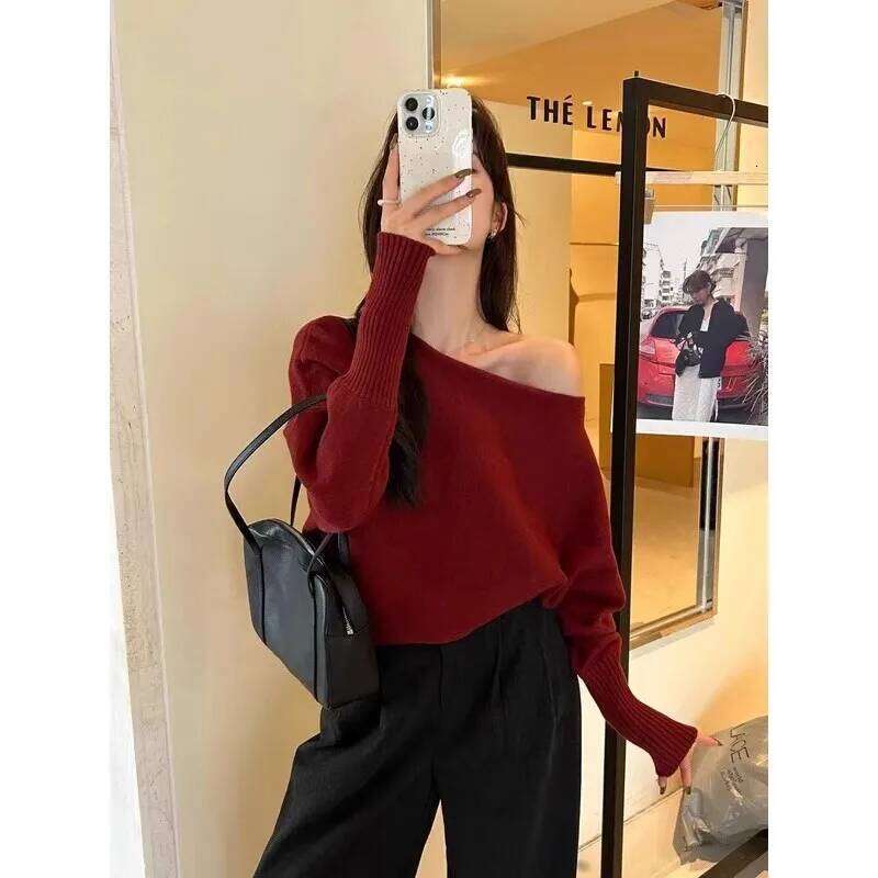 Chic Soft Off Shoulder Cozy Fleece Knit Sweater Women Korean Style Elegant Cable Long Sleeve Warm Pullover Winter Relaxed Tops Z260313