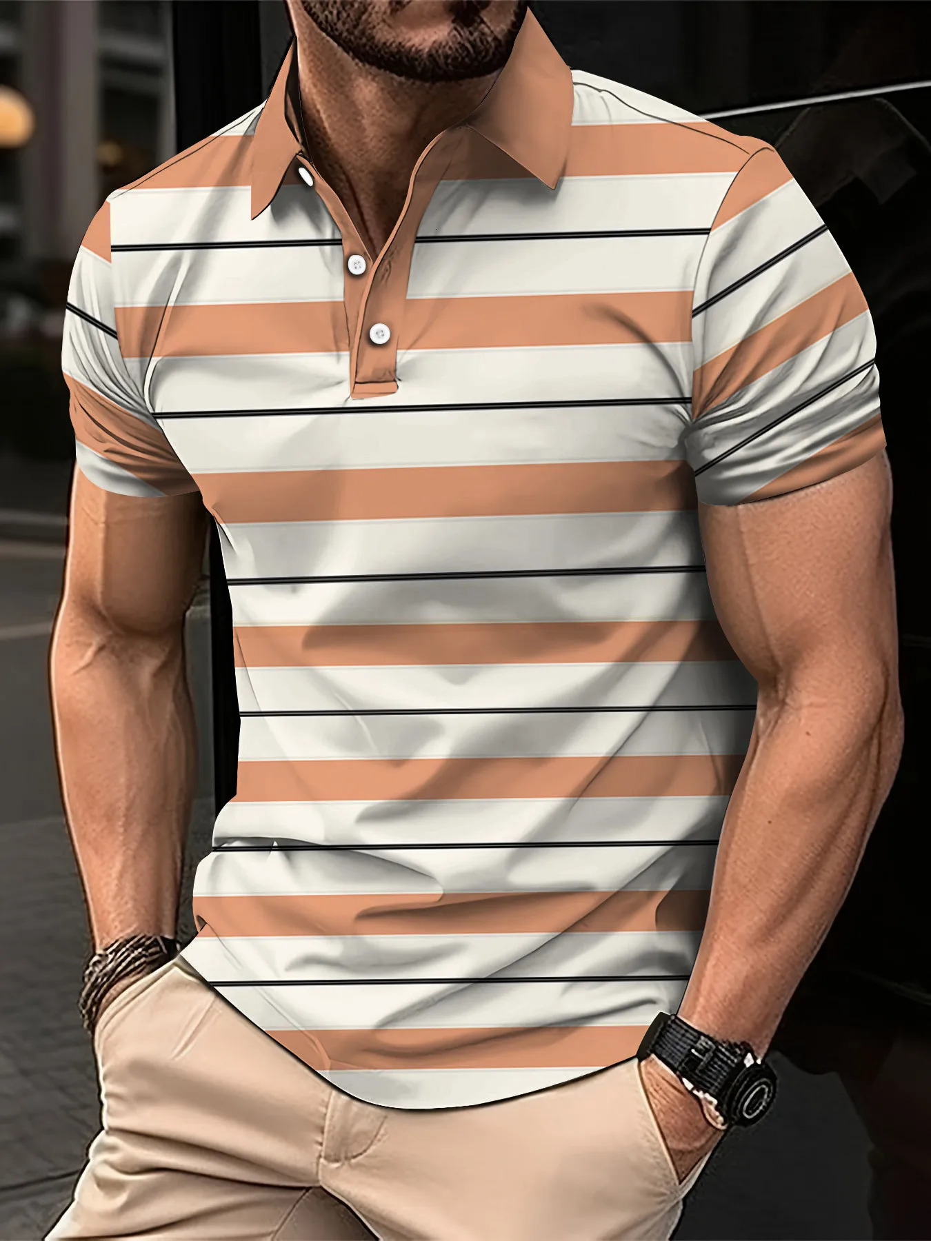 Mens Short Clothes Sleeved Lapel 3D Digital Printed Striped Polo Shirt Summer Mans Business Casual Top Oversized 260312
