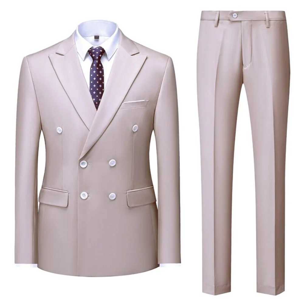 Solid Man Double-breasted 2 Piece Outfit Set Peak Lapel Wedding Business Casual Stage Costume Graduation Suit M260313