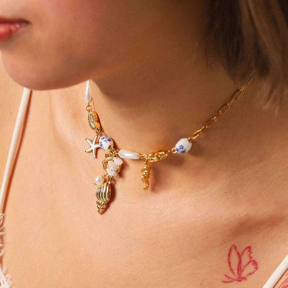 Sea Breeze Conch Freshwater Pearl Pendant Waterproof Stainless Steel Necklace Charms Women Accessories Gifts H260312