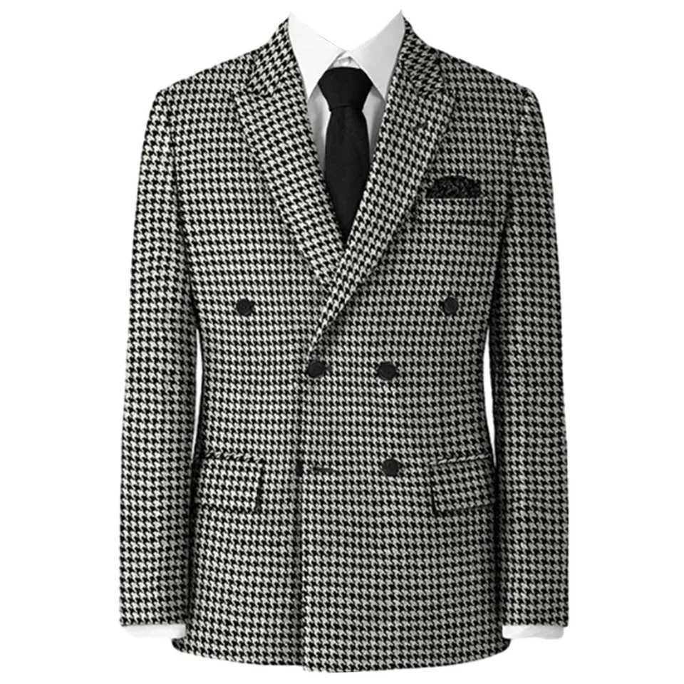 Plaid Blazer 2024 for Men 1 PCS Suit Jacket with Side Slit Slim Fit Houndstooth Checked Casual Coat 2024 WeddingOnly Coat M260313