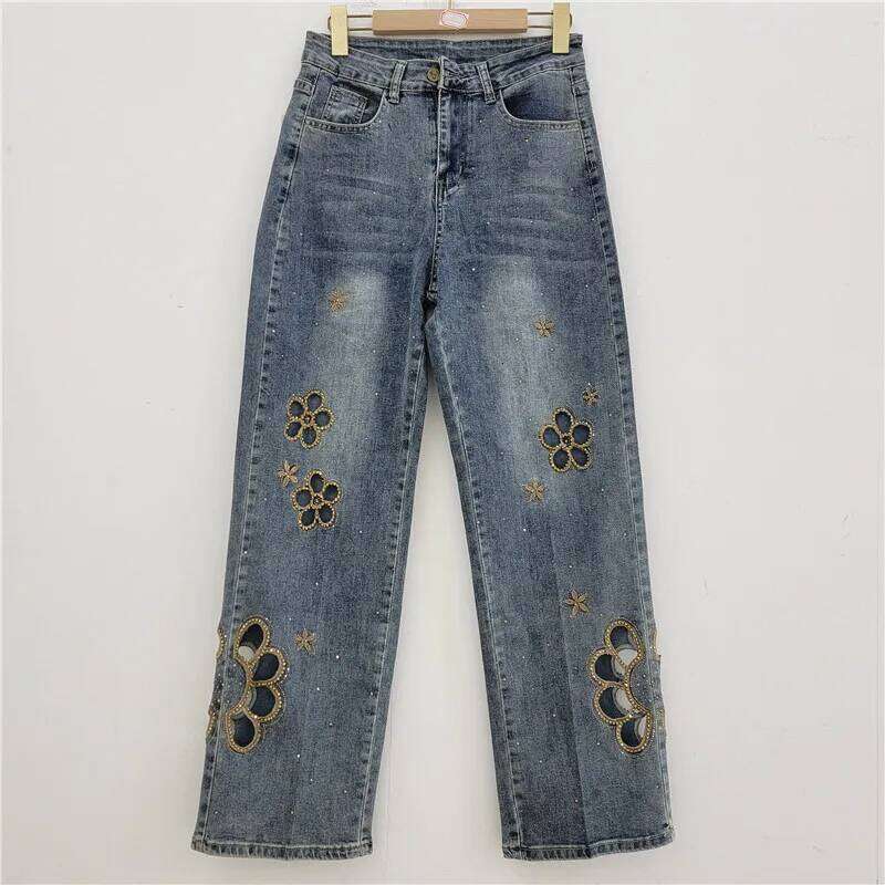 YEAE women's high-waisted hot embroidered hollow-out meat-covering and thin denim straight-leg pants Z260313