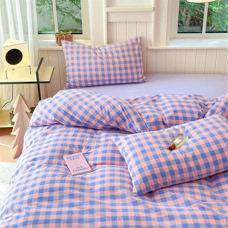 100% Cotton Colorful Plaid Duvet Set Girls Women Bedroom Purple and Pink Striped Reversible Bedding Comforter Cover 3 Pcs H260312 - view 6