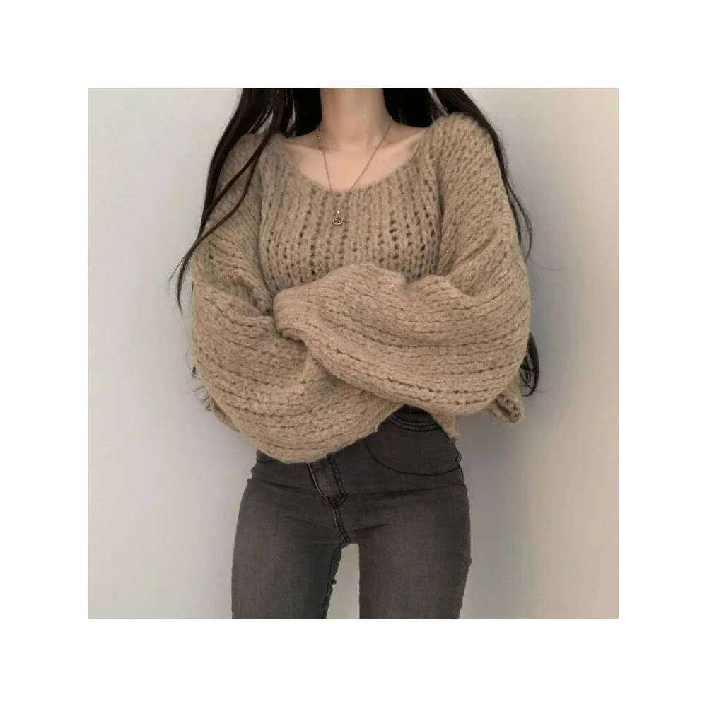 Autumn sweet sweater with hollow-out design, loose pullover for women, casual round neck long-sleeved knitted top Z260313
