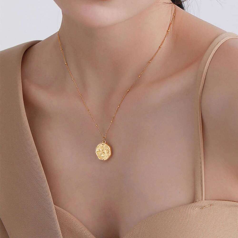 Coin Pendant Flower Necklace for Women,Satellite Chain Link, Stainless Steel 14k Gold Plated Jewelry Not Fade H260312