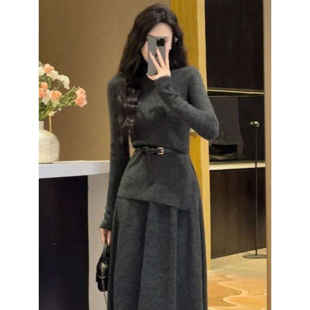 Female Knit Dress Retro Maxi Evening Turtleneck Robe Women's Crochet Dresses Grey Long Basic Youthful Elegant Pretty Luxury New Z260314