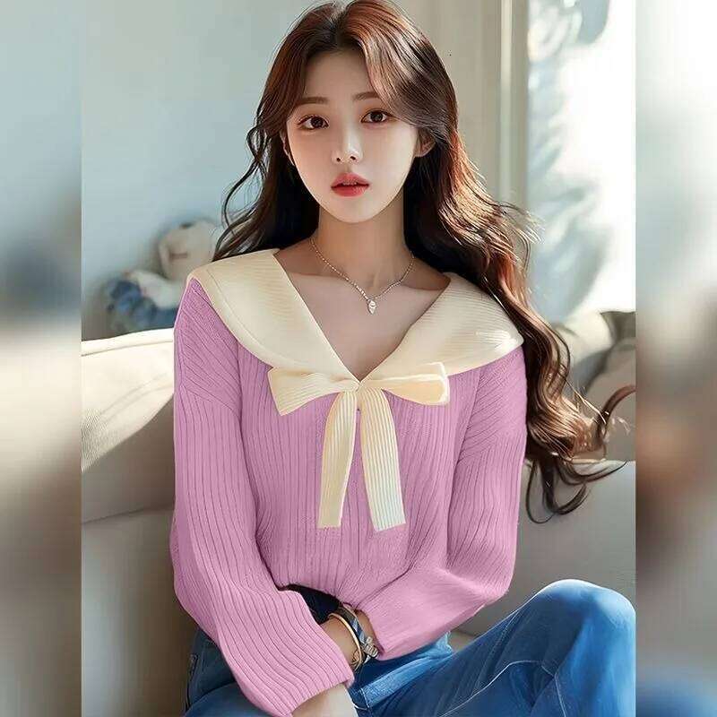 Lapel Bow Soft Sweater Knitted Pullover 2024 Early Autumn New Office Lady Gentle Long-sleeved Versatile Commuter Top Z260313
