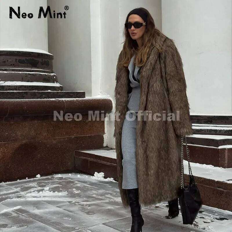Neo Mint 2025 Winter Maxi Long Faux Coat Women Hot Slavic Style Russian Girl Aesthetic Fluffy Fox Fur Jacket Thick Outerwear Z260313