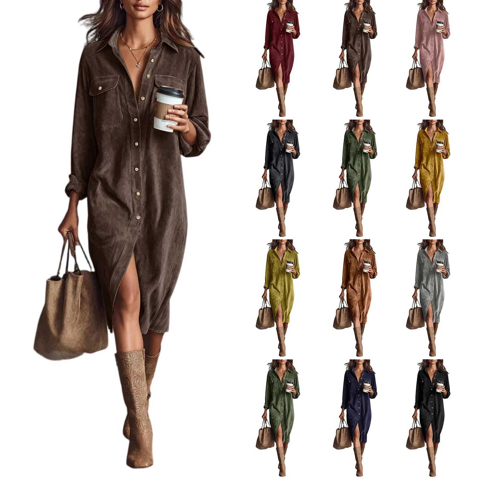Retro Chic Women Midi Dress Corduroy Fabric Lapel Collar Popular Button Front Loose Fit Long Sleeve Comfy Casual Daily OutfitT260314
