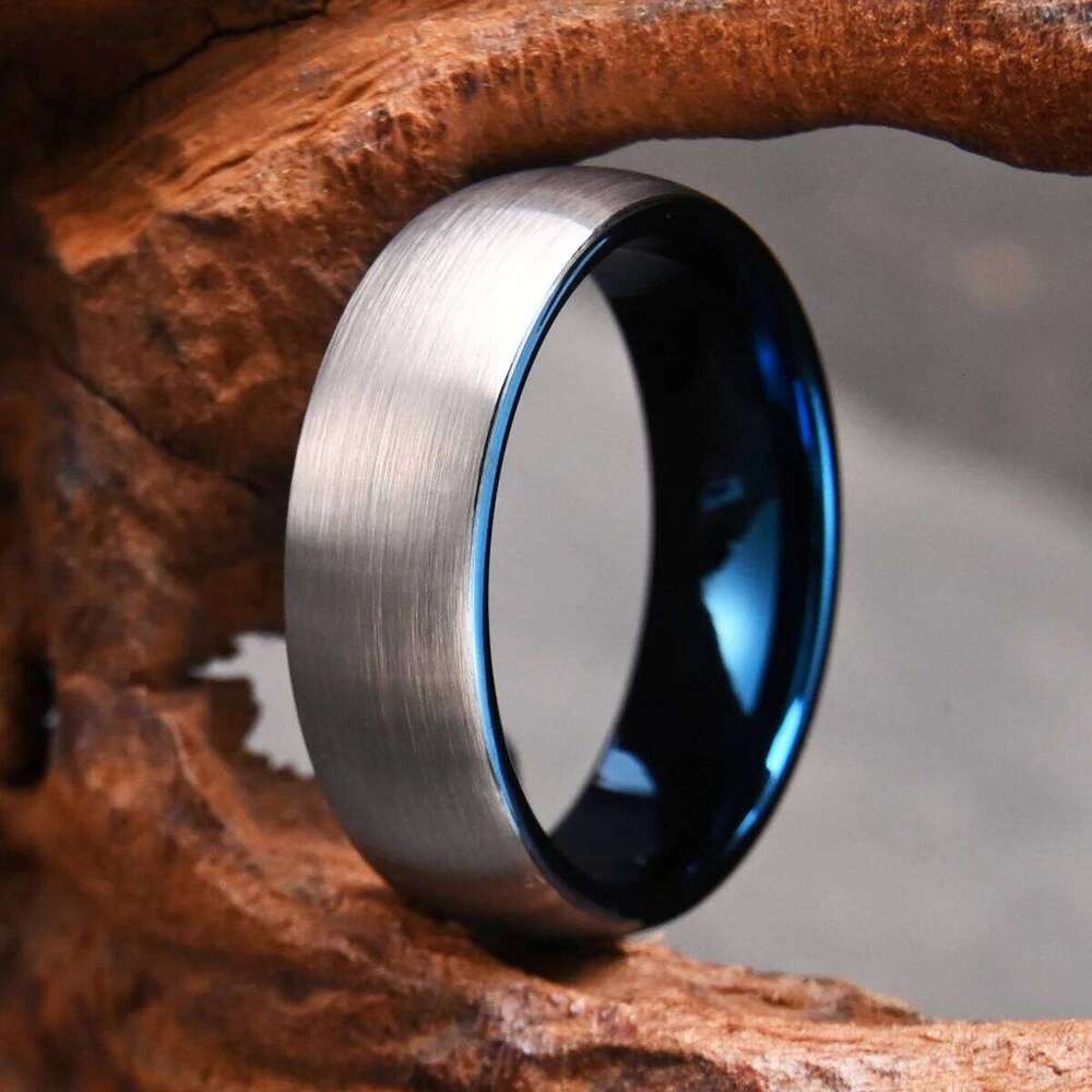 7mm blue and silver color Men's Tungsten Carbide Ring Brushed Wedding band Engagement Ring, Comfortable Fit for Daily Wear H260312