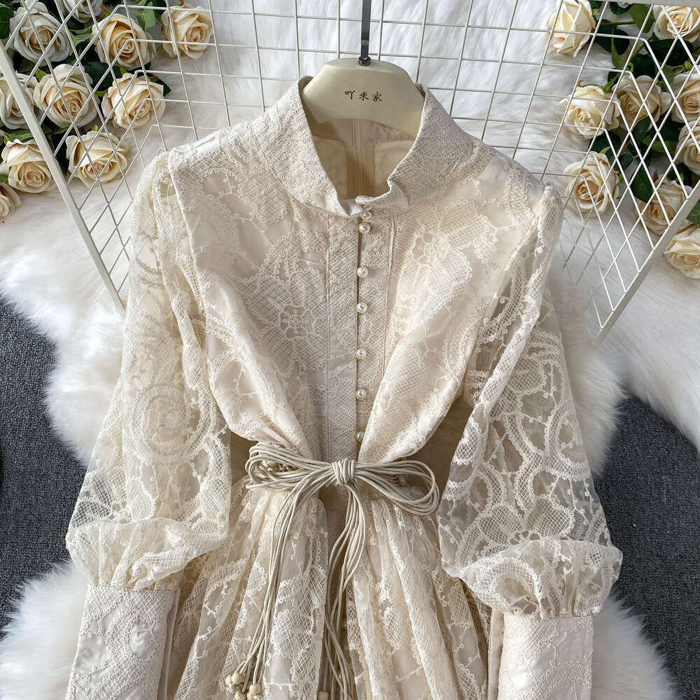 Women's French retro lace embroidered stand up collar lantern sleeve new single breasted waist cinching slim fit dress